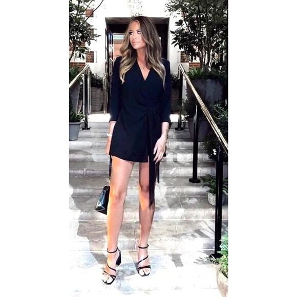 Nwt ZARA Black Blazer Mini Dress Romper w/ Fringe Side Tie Women Sz L - Picture 2 of 11